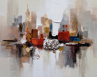 Hand-Painted Abstract Cityscape Painting: Textured Canvas Wall Art