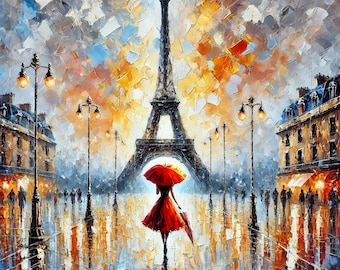 May include: A woman in a red dress walks under a red umbrella in front of the Eiffel Tower. The scene is painted in a colorful, impressionistic style with a cloudy sky and streetlights.
