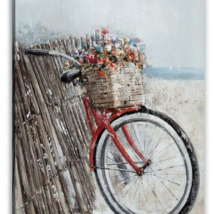 Hand Painted Coastal Canvas Art: Bicycle with Flowers image 2