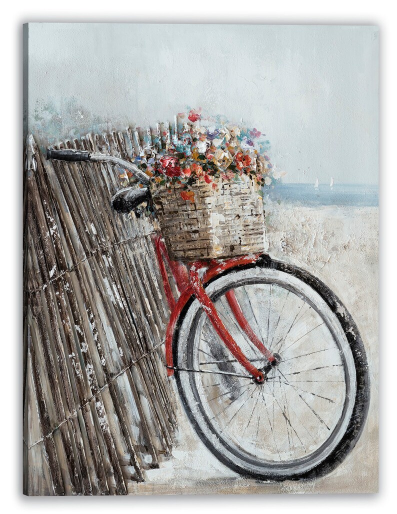Hand Painted Coastal Canvas Art: Bicycle with Flowers image 2