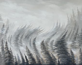 Autumn Mist Pine Forest Painting: Tranquil Gray Tones Canvas Art