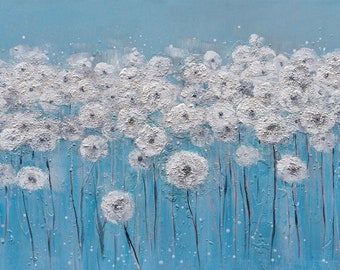 Hand-Painted Dandelion Flower Oil Painting: Abstract Canvas Wall Art