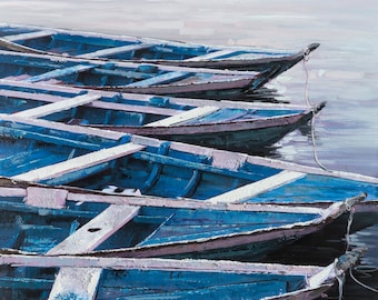 Original Coastal Oil Painting: "Calm Blue Boat" - 36x48 Wrapped Canvas