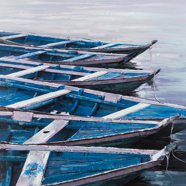 Hand-painted coastal art "Calm blue boat" oil painting on canvas original, Wall art for living room, bedroom - Wrapped Canvas Painting