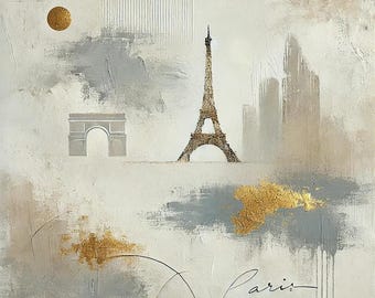 Hand-Painted Paris Eiffel Tower Canvas Art: Gold Leaf, Modern Neutral Decor
