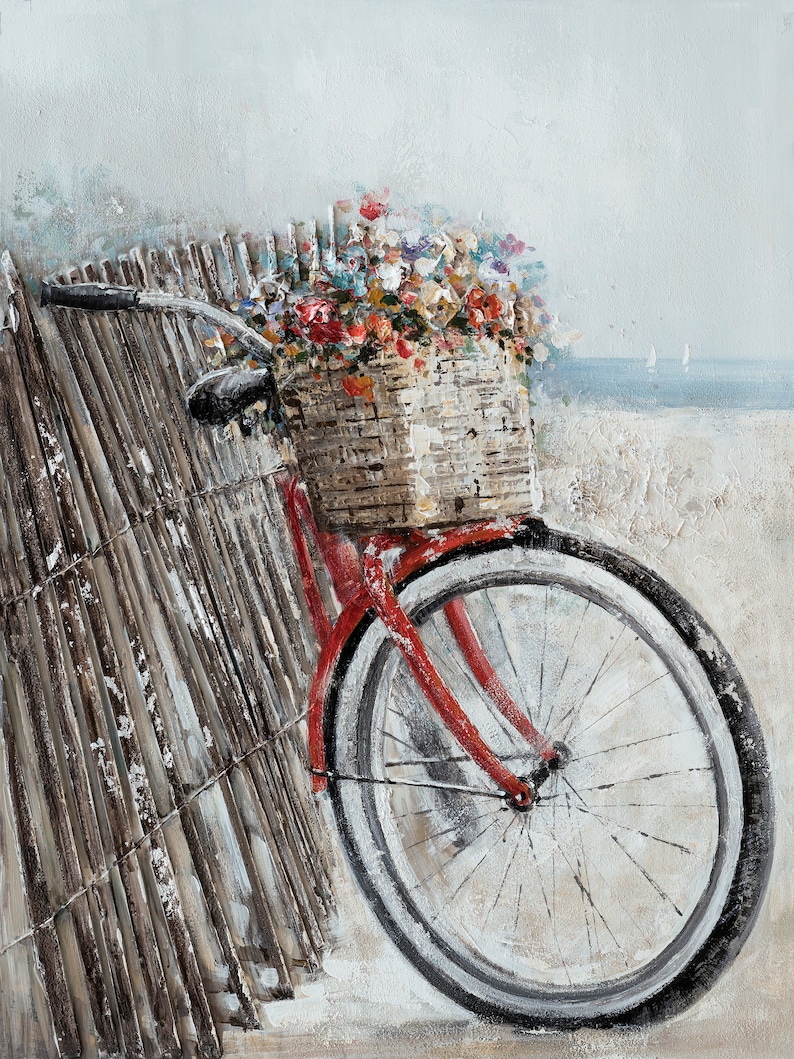 Hand Painted Coastal Canvas Art: Bicycle with Flowers image 1