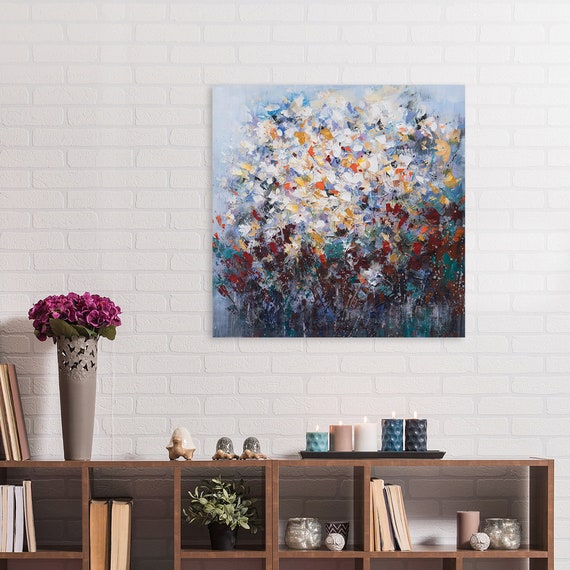手描きの印象派花の絵画：40x40 キャンバスウォールアート - Etsy 日本