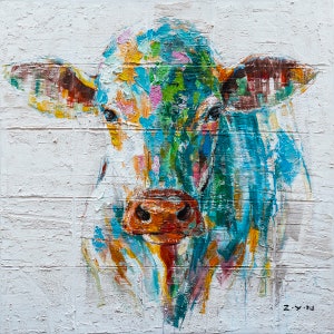 Painting on Canvas Original - Wrapped Canvas, "Colorful Cow" Oil Paintings by Hand, Canvas Wall Art for Living Room, entryway, bar, Office