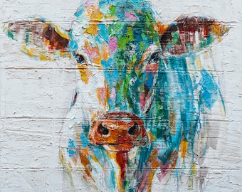 Colorful Cow Oil Painting on Canvas: Hand-Drawn Wall Art (40x40 inch)