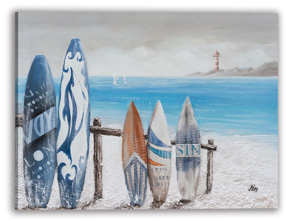 Hand-painted Surfboard Beach Oil Painting: Coastal Canvas Wall Art