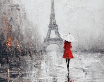 May include: Oil painting of a rainy day in Paris. The Eiffel Tower stands tall in the background. A person in a red coat and black pants walks with a white umbrella. The artwork is primarily gray, white, and red.