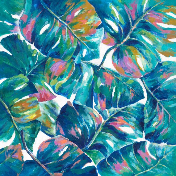 Hand-Painted Rain Forest Flowers Painting: Original Wrapped Canvas Art (40x40 inches)