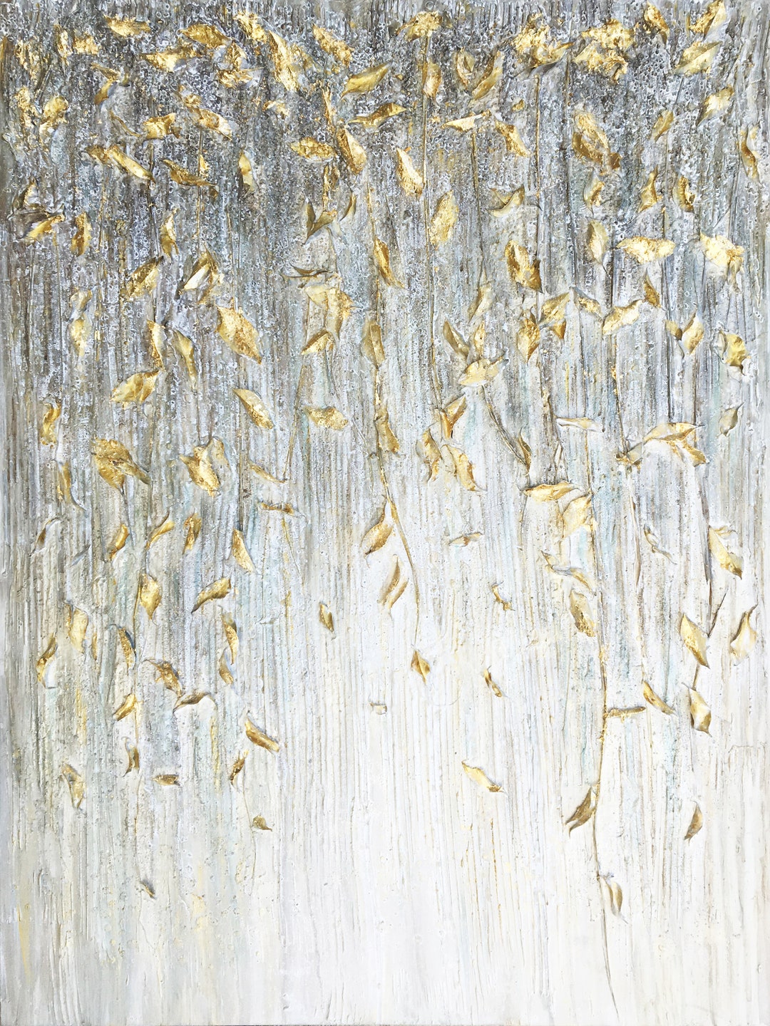 Handpainted fall Gold Leaves Painting on Canvas Original Art, Wall Art