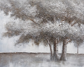 Hand-Painted Winter Snow Tree Oil Painting on Canvas