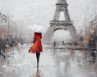 May include: Oil painting of a rainy day in Paris featuring the Eiffel Tower. A person in a red coat and black pants walks with a white umbrella. The artwork is primarily gray, white, and red.