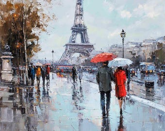 May include: Oil painting of a rainy day in Paris, featuring the Eiffel Tower in the background. People with umbrellas stroll along a wet street. The artwork uses a palette of blues, grays, and reds, creating a romantic atmosphere.