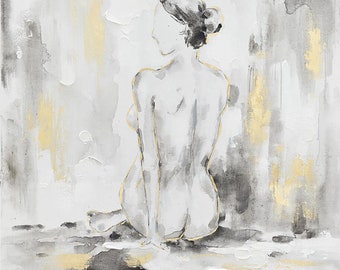 Handgeschilderde abstracte originele kunst "vrouw met blote rug", canvas muurkunst voor woonkamer, slaapkamer, bar - gewikkeld canvas schilderij