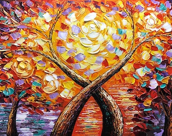 Originele kunst &quot;Romantic Love Trees&quot; 3D-textuur handgeschilderd olieverfschilderij voor woonkamer