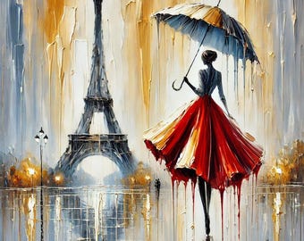 May include: A painting of a woman in a red dress holding an umbrella, walking in front of the Eiffel Tower. The painting is done in a painterly style with thick brushstrokes and a focus on light and shadow.