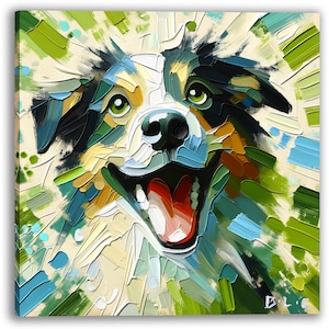 Original Vibrant Canine Expressionism: Abstract Dog Portrait, Palette Knife Artwork for Modern Home Decor