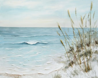 Hand-Painted Beach Oil Painting: Modern Abstract Seascape Canvas Art