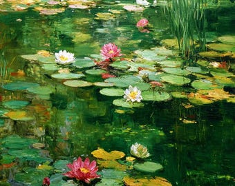 睡蓮と花のリースの絵画 モネの絵画「睡蓮」蓮の花の壁アート、ユリの絵画、24x24インチ