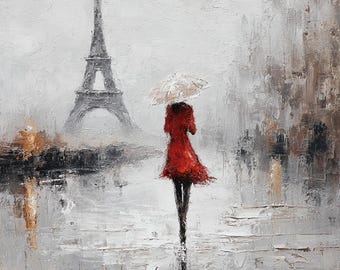 Olieverfschilderij op regenachtige dag Parijs: vrouw in rode jurk, canvaskunst Eiffeltoren