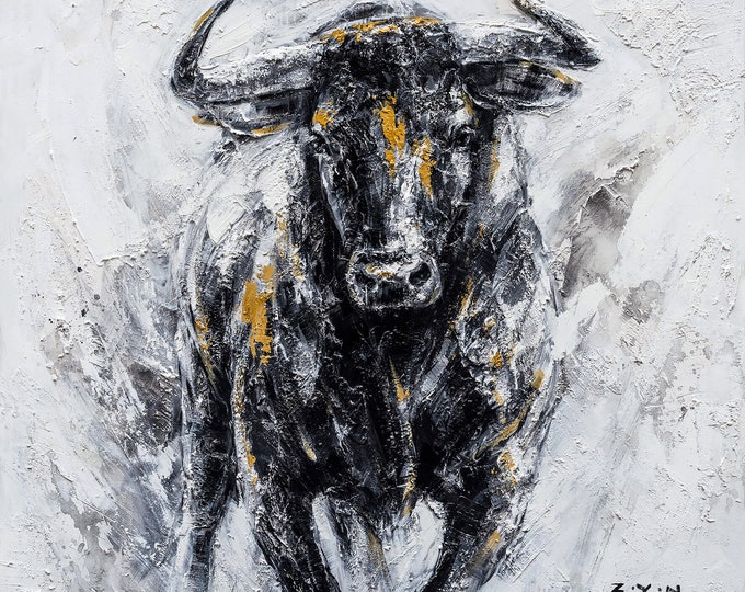 Featured listing image: Hand-Painted "Running Bull" Oil painting original Art, Canvas Wall Art for Living Room, Bedroom, Office - Wrapped Canvas Painting