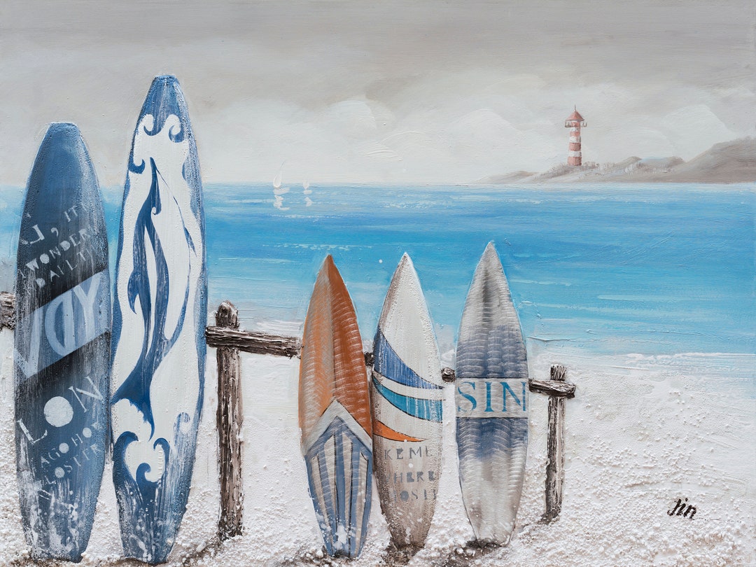 Hand-painted Surfboard Beach Oil Painting: Coastal Canvas Wall Art
