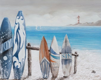 Hand-Painted Surfboard Beach Oil Painting: Coastal Canvas Wall Art