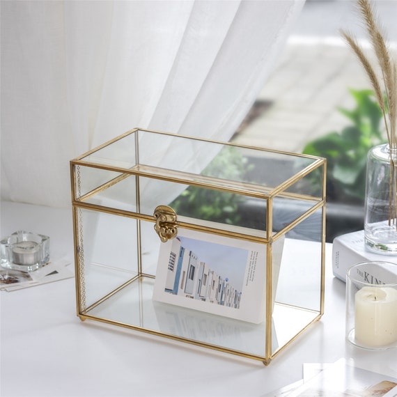 Gold Wedding Glass Card Box with Lock and Slot - Wedding Envelope Card