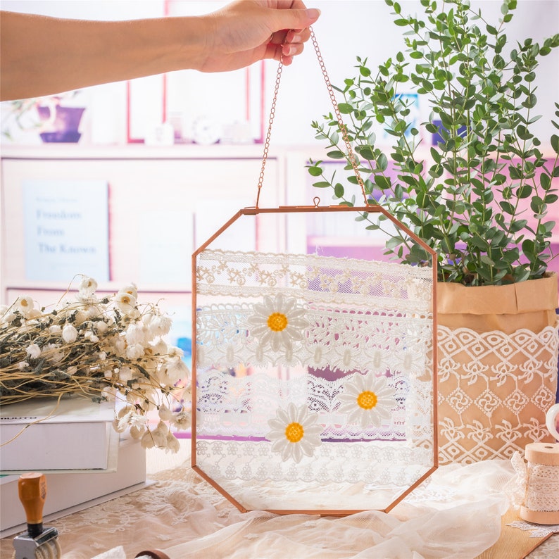 Rose Gold Wall Hanging Long Octagon Herbarium Copper Glass Frame for Pressed Dried Flowers, Poster, Double Glass, floating Frame 6' 7' 10' 