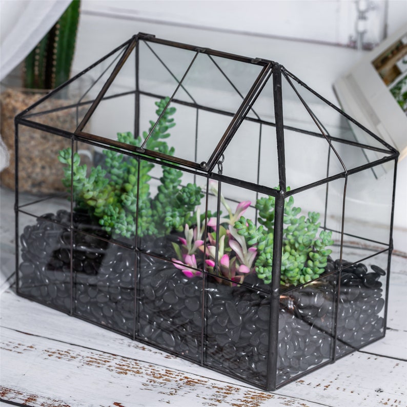 Glass Geometric Terrarium Tinsealed Brass Black House Etsy