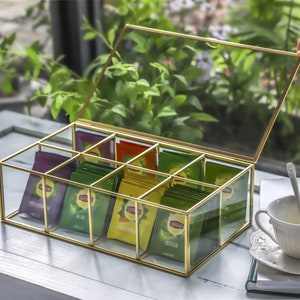 NCYP Glass Terrarium Box Tea Coffee Bag  Storage Organizer Jewelry Counter  8 Grids Compartments Handcrafted Brass Frame Display Case