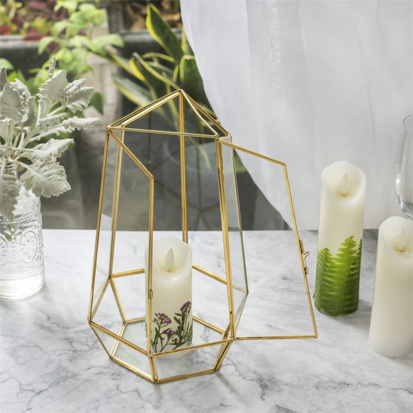 NCYP Hanging Geometric Glass Lamp Candle Holder Wedding Centeriece Recipe Reception Display Gift with Swing Lid Top Hallow Open