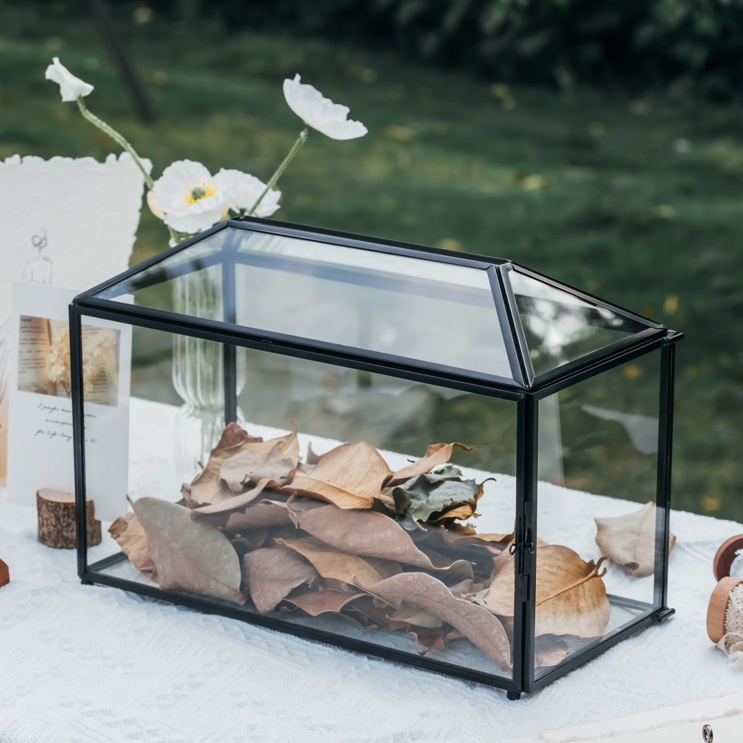 Black Standard/large Geometric Glass Card Box Terrarium With Slot, Heart Lock, Foot, Handmade