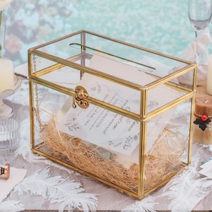 Large Gold Foot Rectangle with Slot  Geometric Glass Card Box Keepsake Recipe Reception Envelope Holder Display Gift with Swing Lid Latch