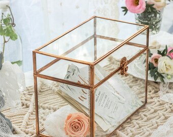 Pure Copper Medium Geometric Glass Card Box Terrarium Foot Latch Rose Gold Handmade Rectangular for Wedding Receiption Wishwell Keepsake
