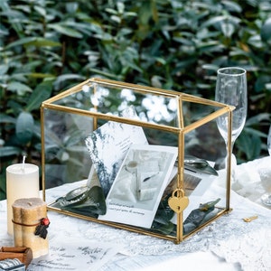 US Standard & Large Geometric Glass Card Box Terrarium with Slot, Heart Lock, Foot, Gold Handmade Brass for Wedding Reception Wishwell