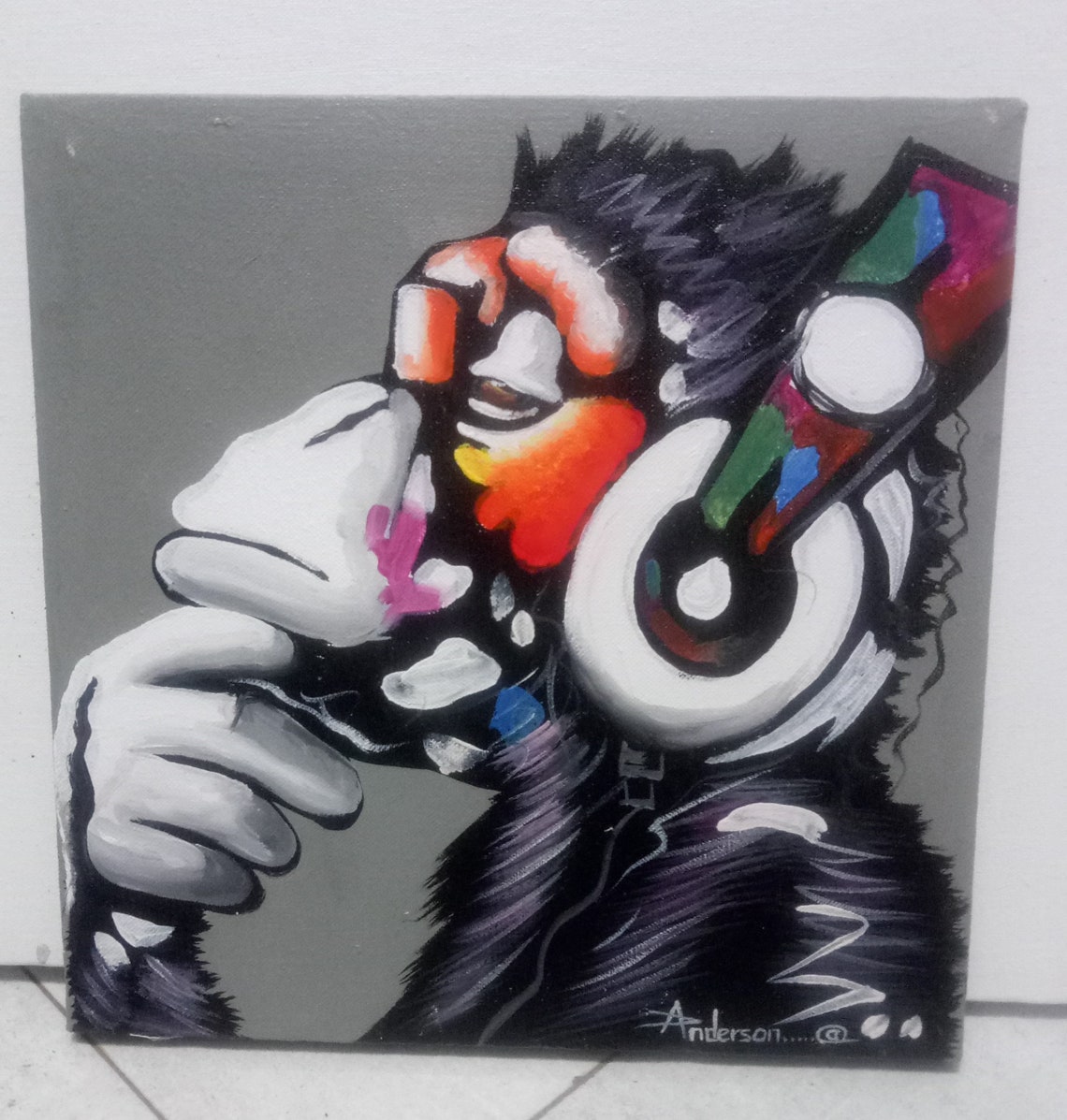 Monkey Headphones Canvas Wall Art Thinking Monkey DJ Banksy Etsy UK