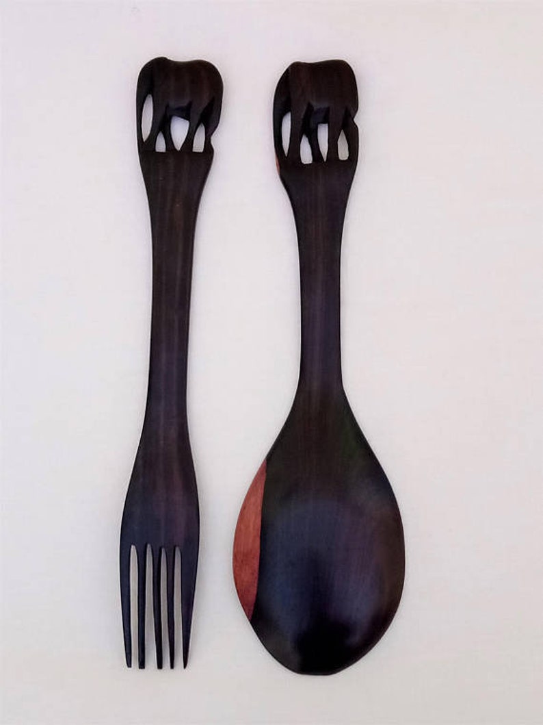 Wooden Carved/ Elephant Serving Set Fork Spoon/ Utensils Etsy