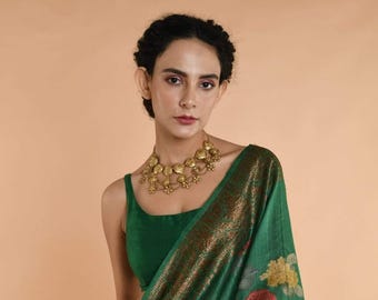 Green Handwoven Floral printed Tussar silk Banarasi