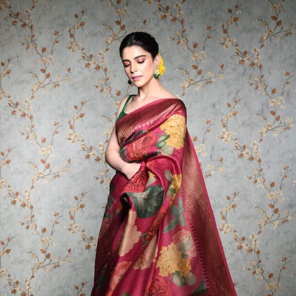 Dark Pink Floral Printed Pure Tussar Silk banarasi