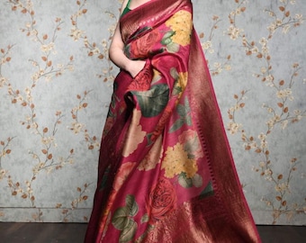 Dahlia Pink Floral Printed Pure Tussar Silk banarasi
