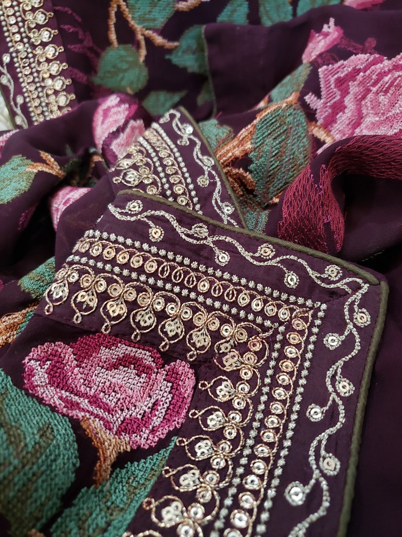 SAREE Cross Stitch Thread Work on Saree in Deep Etsy