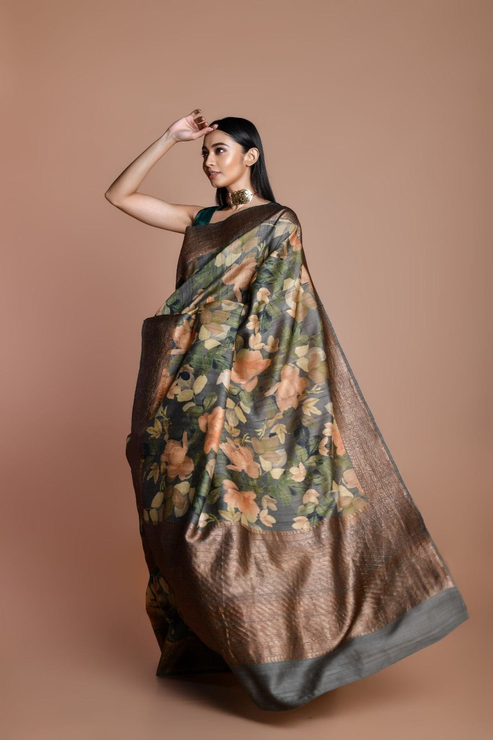 Tussar SilkSaree In Floral Block Print main image 0