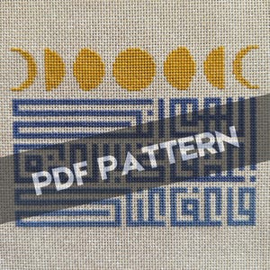 May include: Cross stitch pattern featuring a blue and white geometric design with a row of yellow crescent moons at the top. The text "PDF PATTERN" is superimposed over the image.