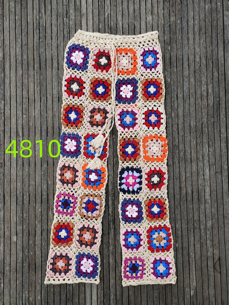 Fashion Handmade Crochet Women Trousers Granny Squares Long Pants 4810