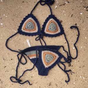 Hand Women Crochet Bikini Set, Sexy Swimsuit Sexy Beach Bikini Dark blue