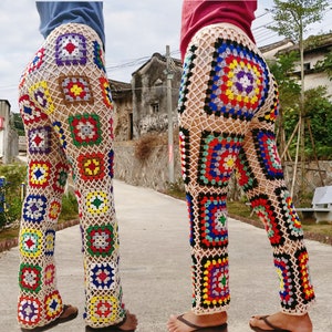 Fashion Handmade Crochet Women Trousers Granny Squares Long Pants